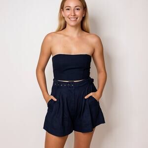 2/$30 VICI Linen Blend Belted High Waist Bermuda Shorts Navy Large #A0319 TRB2